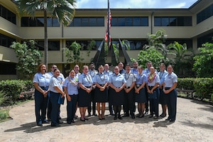 U.S. Air Force and multinational Air Forces service members graduating from the Inter-Pacific Junior Enlisted Leader Forum (IPJELF) pose for a group photo at Joint Base Pearl Harbor-Hickam, Hawaii, May 19, 2025. The IPJELF participants shared experiences and worked to form bonds to strengthen international partnerships and arm them with new connections and experiences to help the success of future partnered missions. (U.S. Air Force photo by Senior Airman Melody Bordeaux)