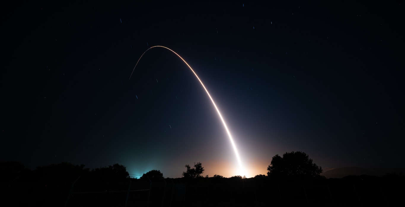 An unarmed Minuteman III Intercontinental Ballistic Missile launches during an operational test at 12:01 Pacific Time May 21, 2025, at Vandenberg Space Force Base, Calif.