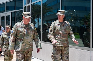 Space Systems Command (SSC) Commander Lt. Gen. Philip A. Garrant and SSC Senior Enlisted Leader Chief Master Sergeant Jacqueline Sauvé accompany Chief of Space Operations Gen. Chance Saltzman during his visit to Los Angeles Air Force Base May 22, 2025. Gen. Saltzman met with several Program Executive Offices followed by comprehensive discussion and Q&A with junior and senior acquisition officers. (U.S. Space Force photo by Van Ha)