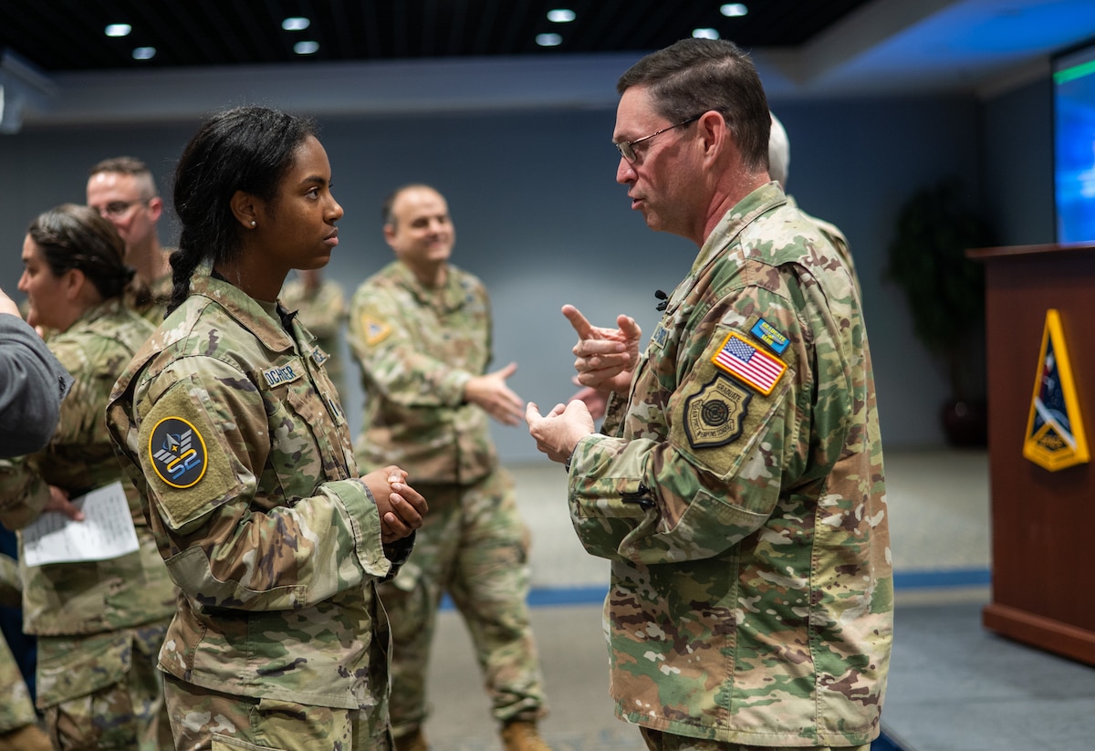 Chief of Space Operations Gen. Chance Saltzman gives one-on-one advice to a young officer during an engagement at Los Angeles Air Force Base on May 22, 2025. Gen. Saltzman set aside most of his schedule to engage with Guardians about their iportant impact on missions across the Space Force and Department of Defense. (U.S. Space Force photo by Van Ha)