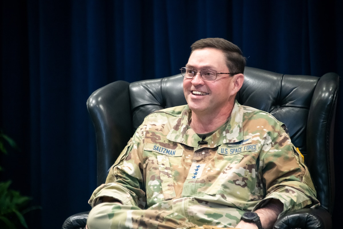 Chief of Space Operations Gen. Chance Saltzman engages with Guardians at Space Systems Command during his visit to Los Angeles Air Force Base May 22, 2025. Despite a busy agenda, Gen. Saltzman reserved the bulk of his time to speak candidly with junior and senior acquisition officers about their  important role in Space Force’s training and progression pipeline. (U.S. Space Force photo by Van Ha)