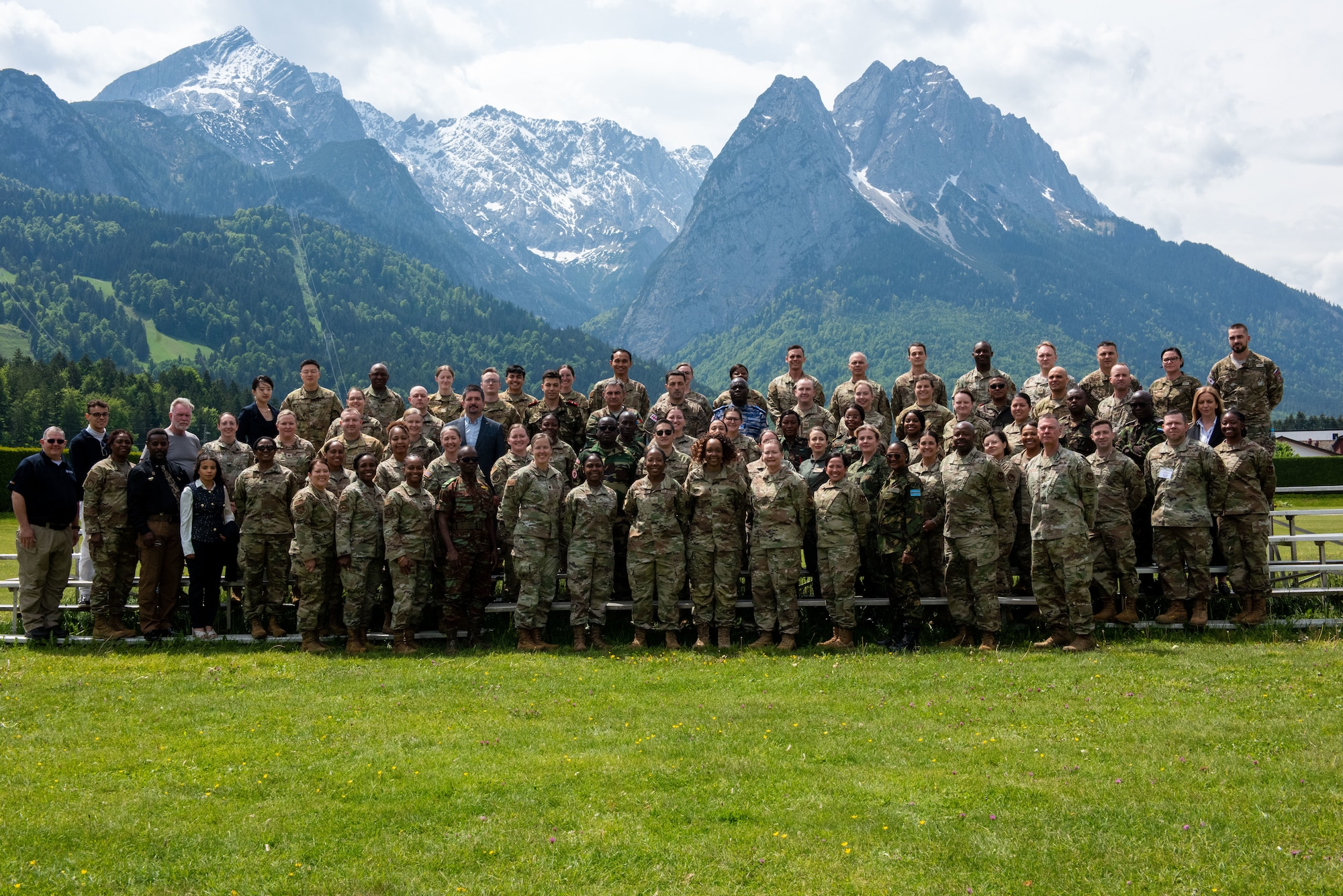 U.S. service members and medical personnel from various nations pose for a group photo during the European-African Military Nursing Exchange conference in Garmisch-Partenkirchen, Germany, May 20, 2025. This year’s EAMNE theme, “Forging Future Frontiers: Enhancing Joint Military Healthcare Innovation with Global Partners,” aimed to enhance collaboration and interoperability between the U.S. Air Force and its partner nations. (U.S. Air Force photo by Airman 1st Class Jason Jones Jr.)