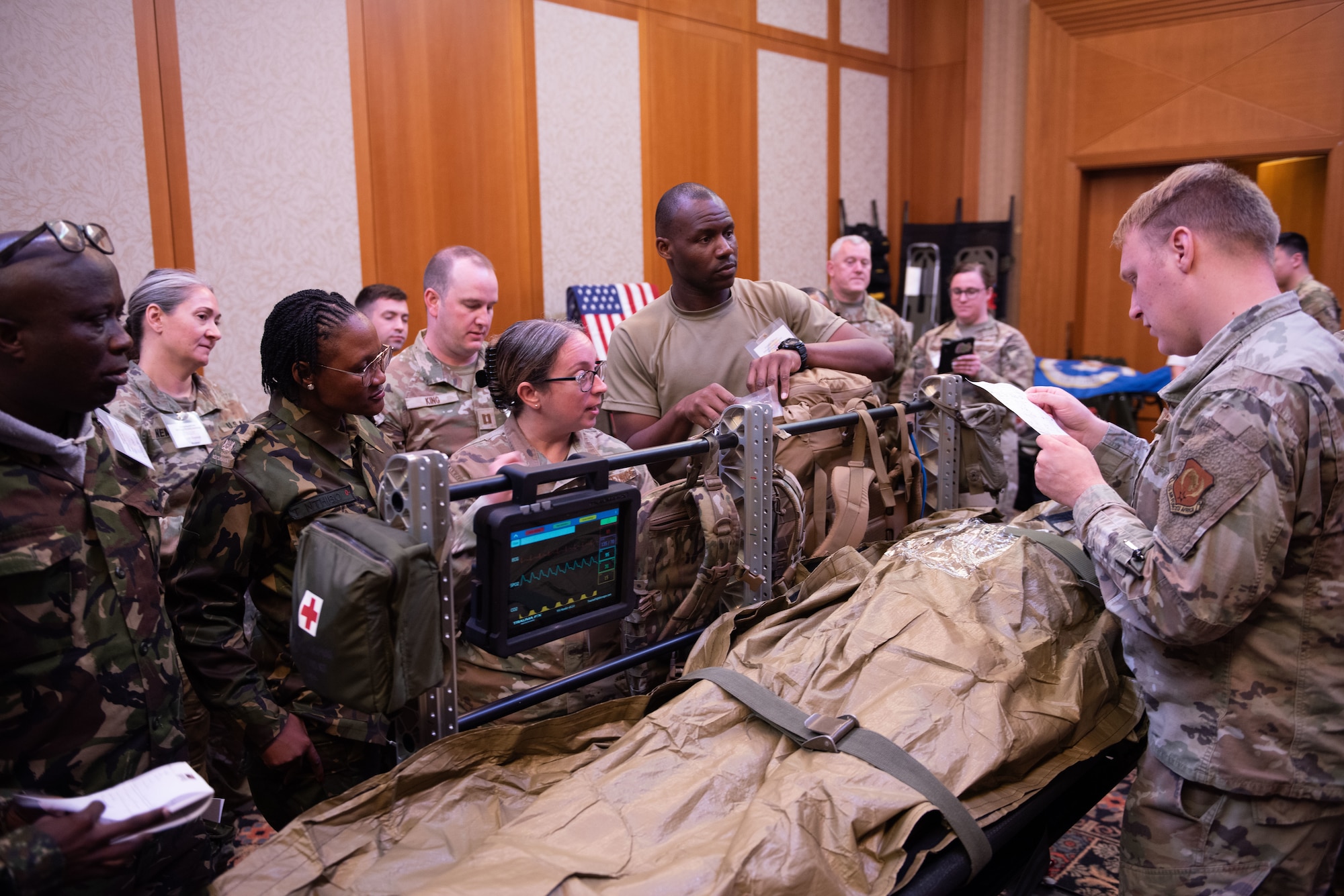 Military medical professionals from the United States, Sierra Leone and Botswana work together during a training exercise at theEuropean-African Military Nursing Exchange conference in Garmisch-Partenkirchen, Germany, May 22, 2025. The EAMNE provided an opportunity to promote interoperability while strengthening the relationship between the U.S. and partner nations. (U.S. Air Force photo by Airman 1st Class Jason Jones Jr.)