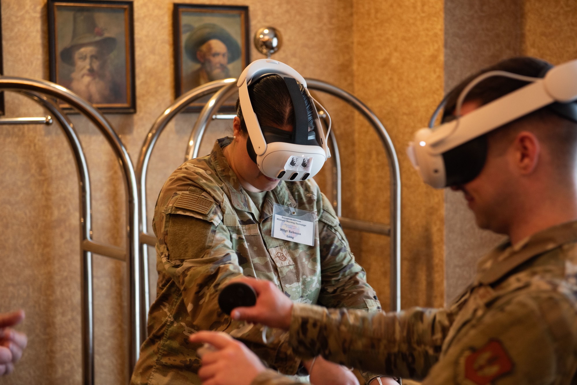 U.S. Air Force Master Sgt. Rebecca Long, 48th Medical Group aerospace medical service functional manager, participates in a virtual reality exercise at the European-African Military Nursing Exchange conference in Garmisch-Partenkirchen, Germany, May 22, 2025. The EAMNE included simulated and virtual reality exercises to strengthen critical hands-on skills. (U.S. Air Force photo by Airman 1st Class Jason Jones Jr.)