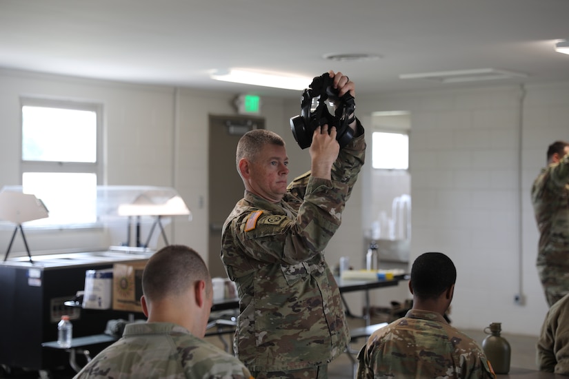 Soldiers assigned to the 1792nd Combat Sustainment Support Battalion conduct chemical, biological, radiological and nuclear (CBRN) training at Camp Atterbury, Indiana, May 21, 2025.