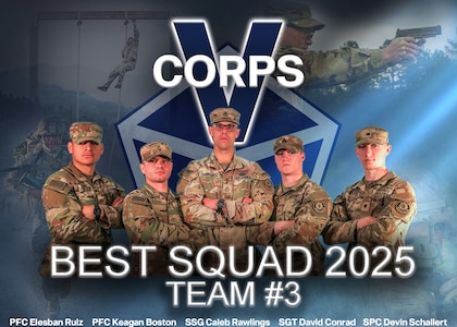 U.S. Soldiers Pfc. Elesban Ruiz, Pfc. Keagan Boston, Staff Sgt. Caleb Rawlings, Sgt. David Conrad, Spc. Devin Schallert, assigned to 2nd Cavalry Regiment, participate in the V Corps Best Squad Competition (BSC) to test their tactical proficiency, communication, and overall cohesion as they compete for the title of Best Squad at Grafenwoehr Training Area, Germany, May 11-16, 2025. Winners of this competition will advance to represent V Corps to compete in the United States Europe and Africa BSC in August. This competition tests the squad's proficiency in their warrior tasks and battle drills and identifies the most cohesive, highly trained, disciplined, and fit team that is ready to fight and win, while demonstrating commitment to the Army Values and Warrior Ethos. (U.S. Army graphic by Pfc. Brent Lee)