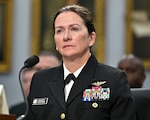 Chief of Navy Reserve Vice Adm. Nancy Lacore listens to opening remarks during a House Appropriations Committee oversight hearing on Capitol Hill in Washington, D.C., May 20, 2025. (U.S. Air Force photo by Eric Dietrich)