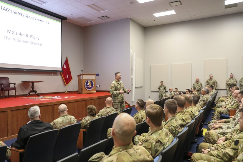Pennsylvania Adjutant General Maj. Gen. John Pippy speaks at the Pennsylvania National Guard Safety and Occupational Health Office's 2025 safety stand down May 22, 2025, at Fort Indiantown Gap. The safety stand down is a yearly requirement for Guard members and will be held in three other locations this year: Horsham on June 18, 2025, Johnstown on August 6, 2025, and Coraopolis on August 20, 2025. (U.S. Army National Guard photo by Sgt. 1st Class Zane Craig)