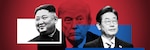 Composite image of three political figures. On the left, Kim Jong-un is shown in a black-and-white cutout smiling. In the center, a stylized red-blue-toned image of Donald Trump appears partially obscured. On the right, a cutout of Lee Jae-myung, a South Korean politician, is shown in color with a blue backdrop. The background features a red gradient, symbolizing political tension or division.