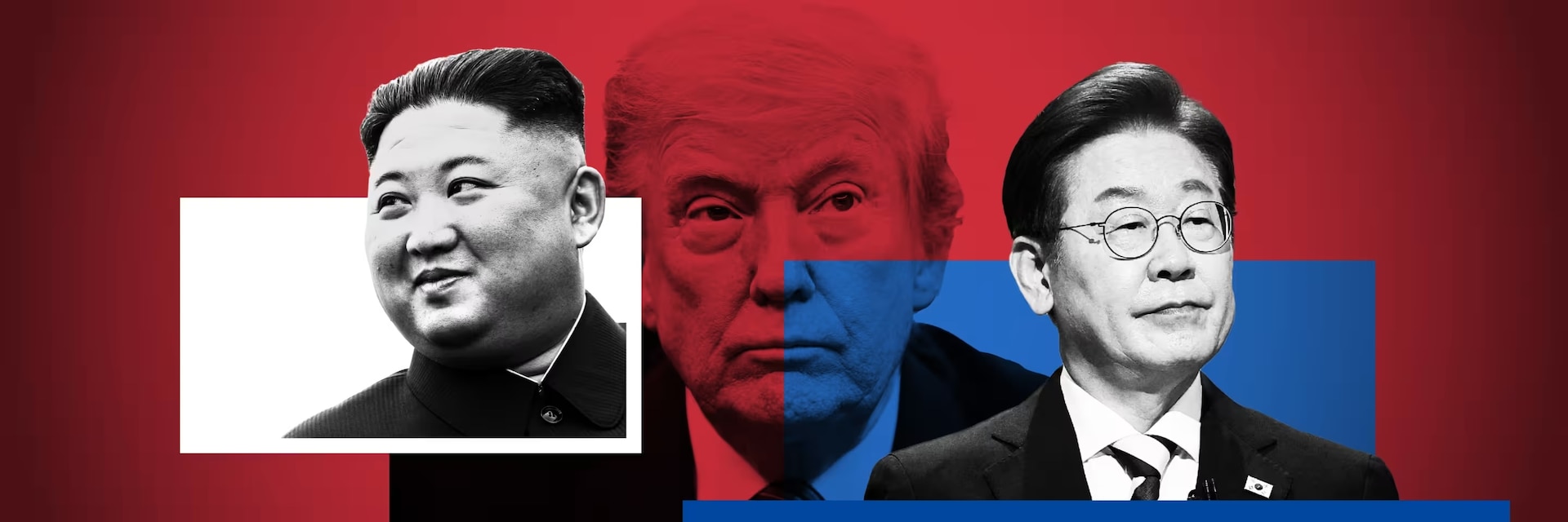 Composite image of three political figures. On the left, Kim Jong-un is shown in a black-and-white cutout smiling. In the center, a stylized red-blue-toned image of Donald Trump appears partially obscured. On the right, a cutout of Lee Jae-myung, a South Korean politician, is shown in color with a blue backdrop. The background features a red gradient, symbolizing political tension or division.