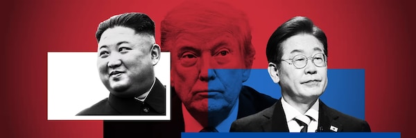 Composite image of three political figures. On the left, Kim Jong-un is shown in a black-and-white cutout smiling. In the center, a stylized red-blue-toned image of Donald Trump appears partially obscured. On the right, a cutout of Lee Jae-myung, a South Korean politician, is shown in color with a blue backdrop. The background features a red gradient, symbolizing political tension or division.
