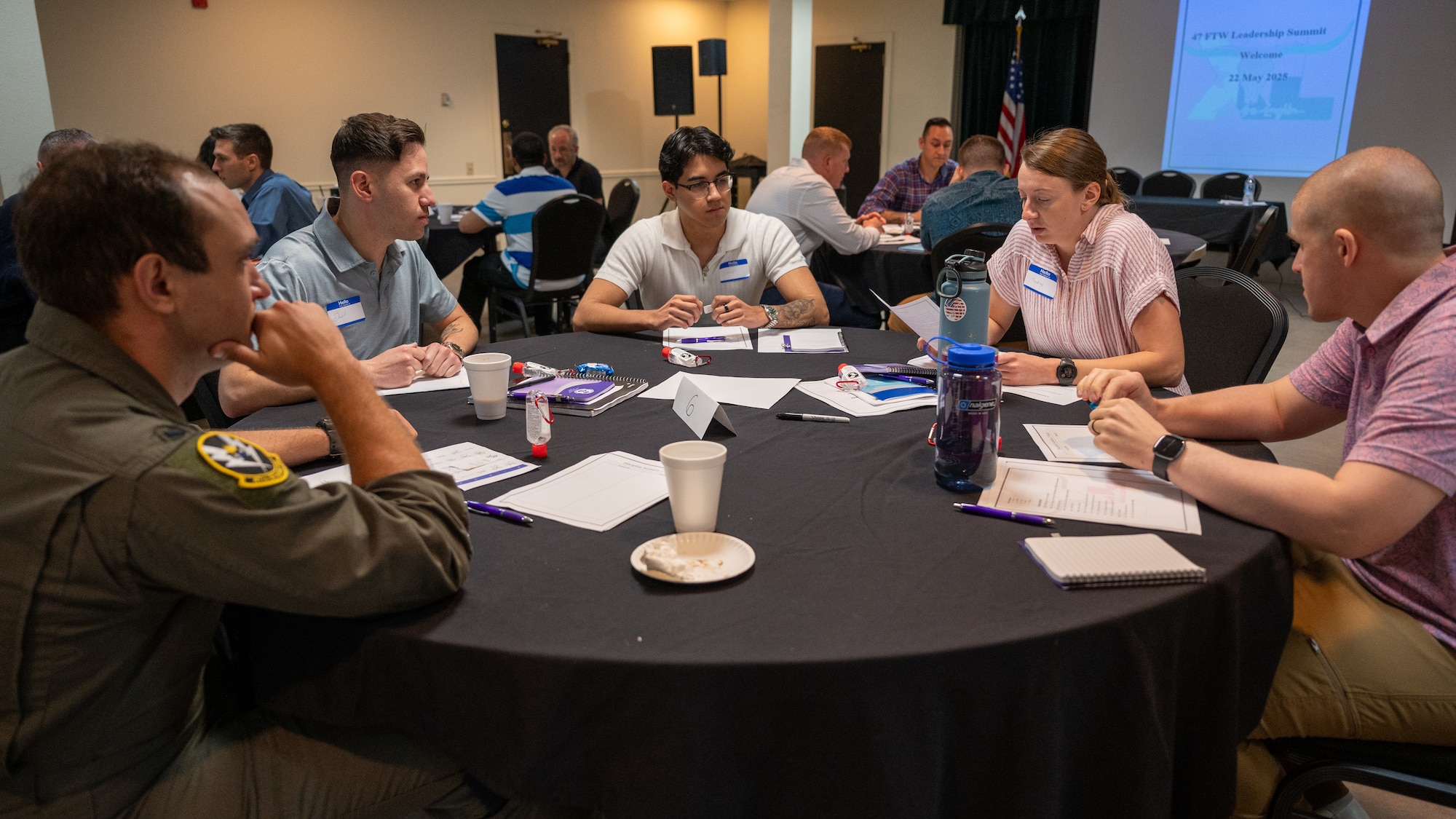 Airmen in group 6 discuss a leadership scenario at the 47 Flying Training Wing Leadership Summit at Laughlin Air Force Base, Texas, May 22, 2025. Airmen of all different ranks and roles offered insight on how leadership should be applied to different scenarios. (U.S. Air Force photo by Staff Sgt. Nicholas Larsen)