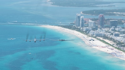 U.S. Air Force B-52H Stratofortress, B-2 Spirit and B-1B Lancer bombers led a seven-ship dissimilar bomber/fighter formation over Miami Beach, Fla., May 24, 2025, as seen in this screen capture from an Air Force Global Strike Command video published by Staff Sgt. Bailee Darbasie.