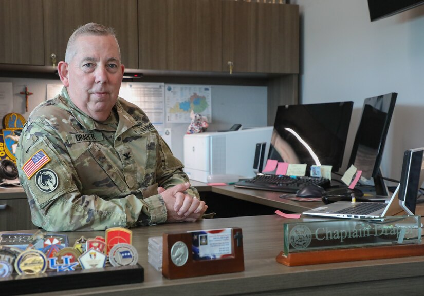 U.S. Army Chaplain (Col.) William Draper sits in in his office at the Joint Force Headquarters building on Boone National Guard Center in Frankfort April 21, 2025.