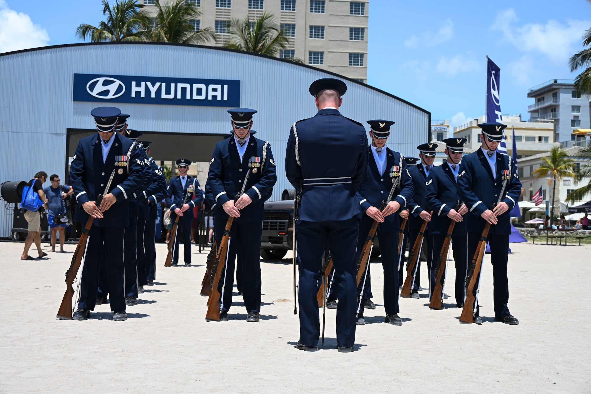 The U.S. Air Force Honor Guard Drill Team stands in formation during a performance at the Hyundai Air & Sea Show at Miami Beach, Fla., May 24, 2025.