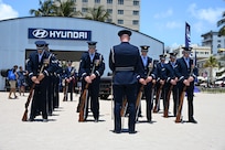 The U.S. Air Force Honor Guard Drill Team stands in formation during a performance at the Hyundai Air & Sea Show at Miami Beach, Fla., May 24, 2025.