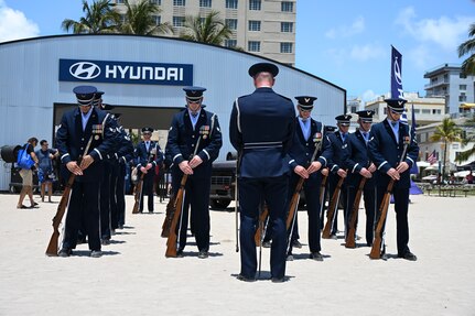 The U.S. Air Force Honor Guard Drill Team stands in formation during a performance at the Hyundai Air & Sea Show at Miami Beach, Fla., May 24, 2025.