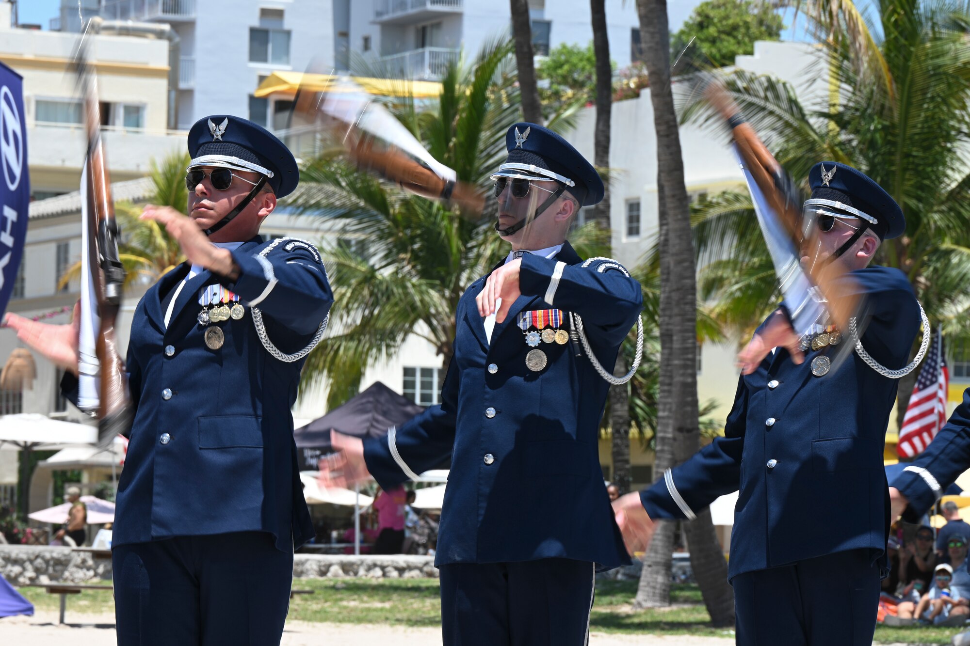 The U.S. Air Force Honor Guard Drill Team performs a demonstration at the Hyundai Air & Sea Show at Miami Beach, Fla., May 24, 2025.