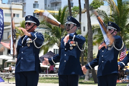 The U.S. Air Force Honor Guard Drill Team performs a demonstration at the Hyundai Air & Sea Show at Miami Beach, Fla., May 24, 2025.