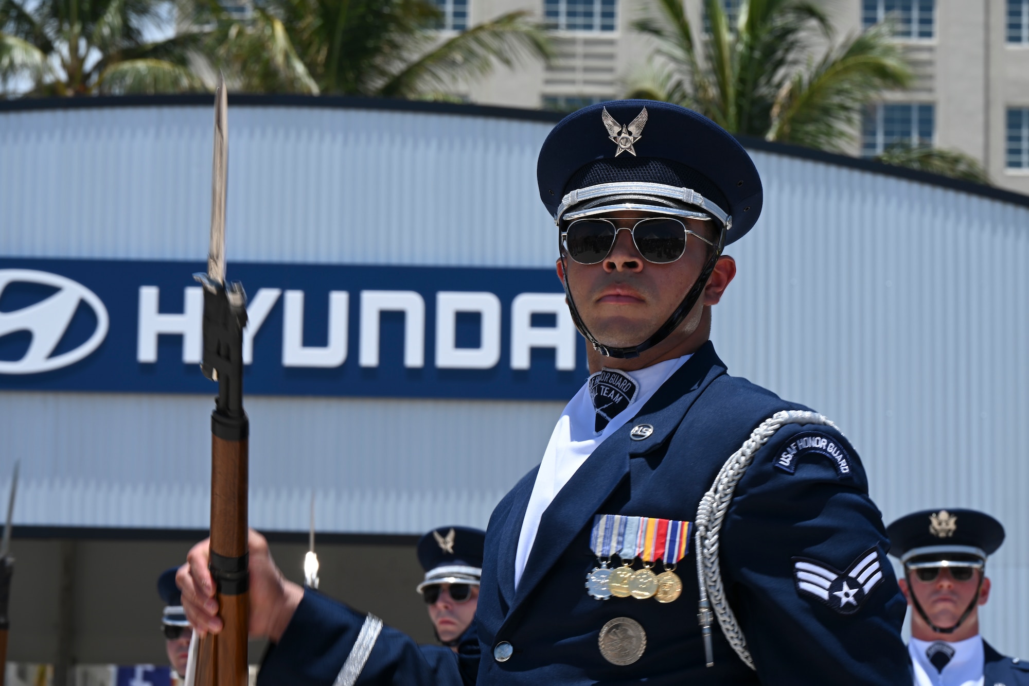 U.S. Air Force Senior Airman Wijeury Collado, U.S. Air Force Honor Guard ceremonial guardsman, performs a demonstration at the Hyundai Air & Sea Show at Miami Beach, Fla., May 24, 2025.