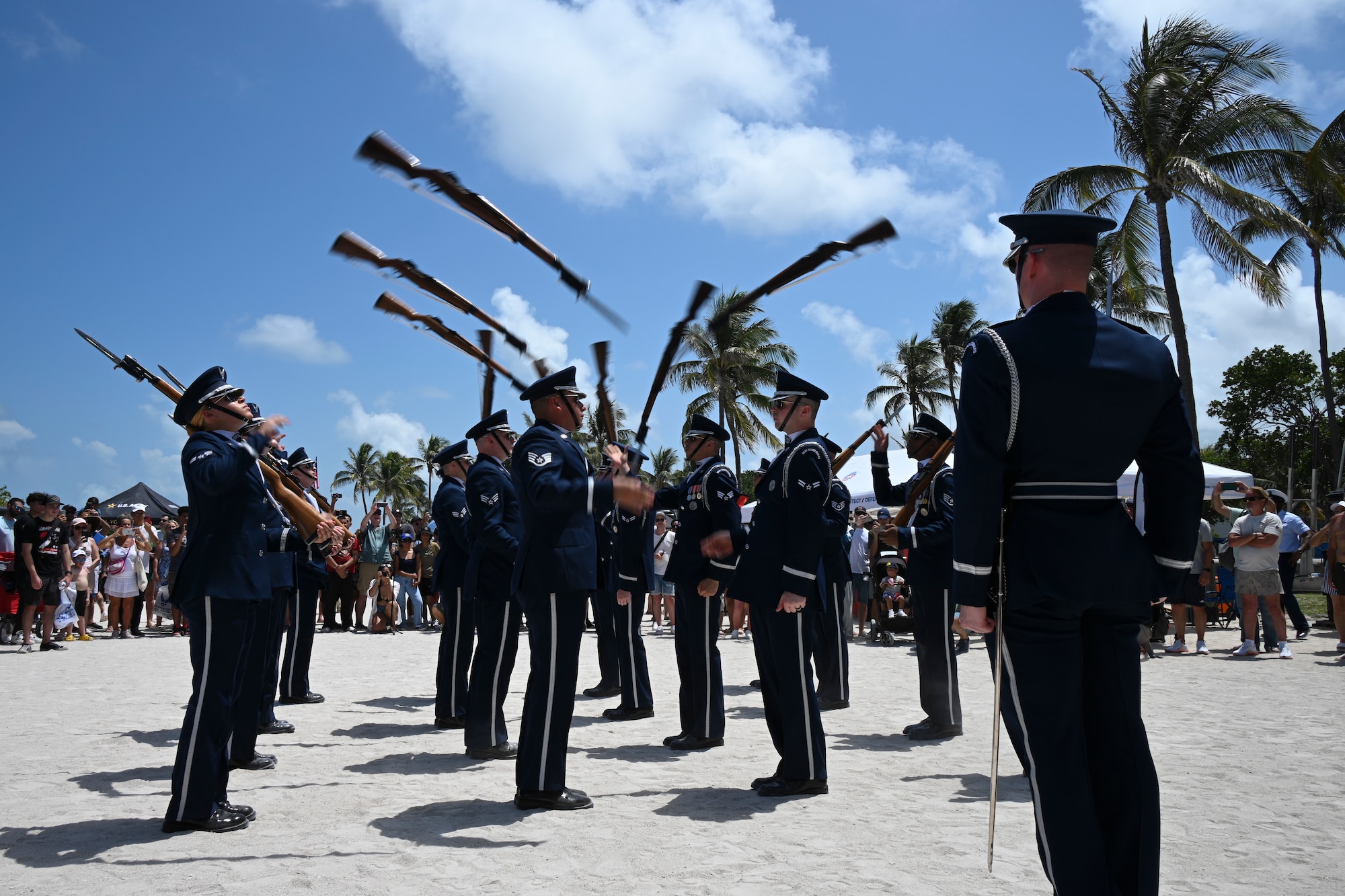 The U.S. Air Force Honor Guard Drill Team performs a demonstration at the Hyundai Air & Sea Show at Miami Beach, Fla., May 24, 2025.