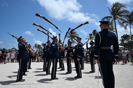 The U.S. Air Force Honor Guard Drill Team performs a demonstration at the Hyundai Air & Sea Show at Miami Beach, Fla., May 24, 2025.