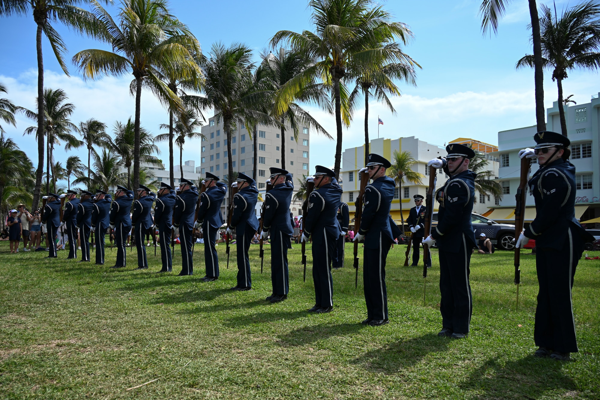 The U.S. Air Force Honor Guard Drill Team performs a demonstration at the Hyundai Air & Sea Show at Miami Beach, Fla., May 24, 2025.