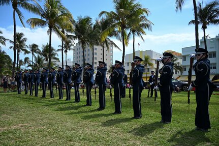 The U.S. Air Force Honor Guard Drill Team performs a demonstration at the Hyundai Air & Sea Show at Miami Beach, Fla., May 24, 2025.