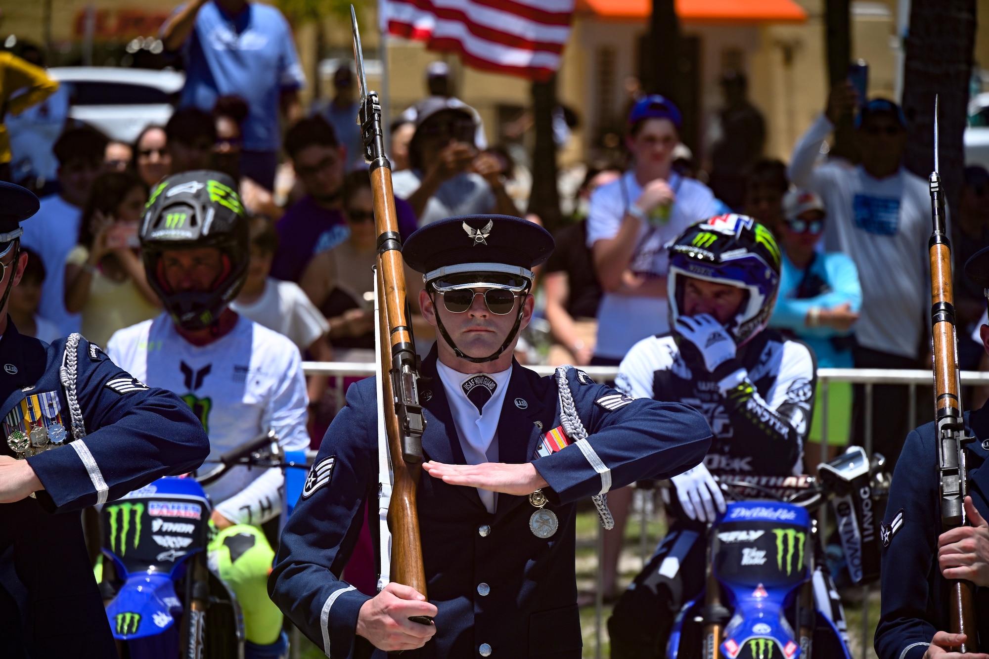 U.S. Air Force Staff Sgt. William Douglass, U.S. Air Force Honor Guard ceremonial guardsman, performs for a crowd at the Hyundai Air & Sea Show at Miami Beach, Fla., May 25, 2025.