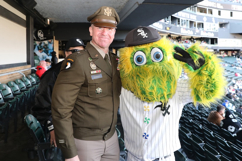 Brig. Gen. Michael Shanley, Commanding General, 85th U.S. Army Reserve Support Command, pauses for a photo with Southpaw, the Chicago White Sox mascot, during the team’s home game versus the Texas Rangers, May 24, 2025.