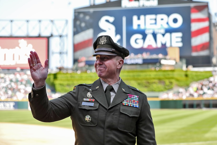 Chicago White Sox, Major League Baseball team, honors Brig. Gen. Michael Shanley, Commanding General, 85th U.S. Army Reserve Support Command, on-field during a ‘Hero of the Game’ service recognition during a home game versus the Texas Rangers, May 24, 2025.