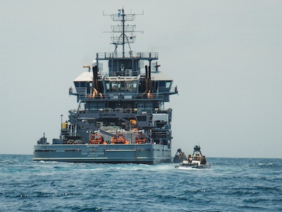 U.S. Marines with Maritime Special Purpose Force, 22nd Marine Expeditionary Unit, approach a vessel in enhanced rigid-hull inflatable boats to conduct maritime interception operations aboard U.S. Navy training support vessel USNS Vindicator (TSV5) in support of Iwo Jima Amphibious Ready Group Marine Expeditionary Unit Exercise (ARGMEUEX) while underway in the Atlantic Ocean, May 18, 2025.