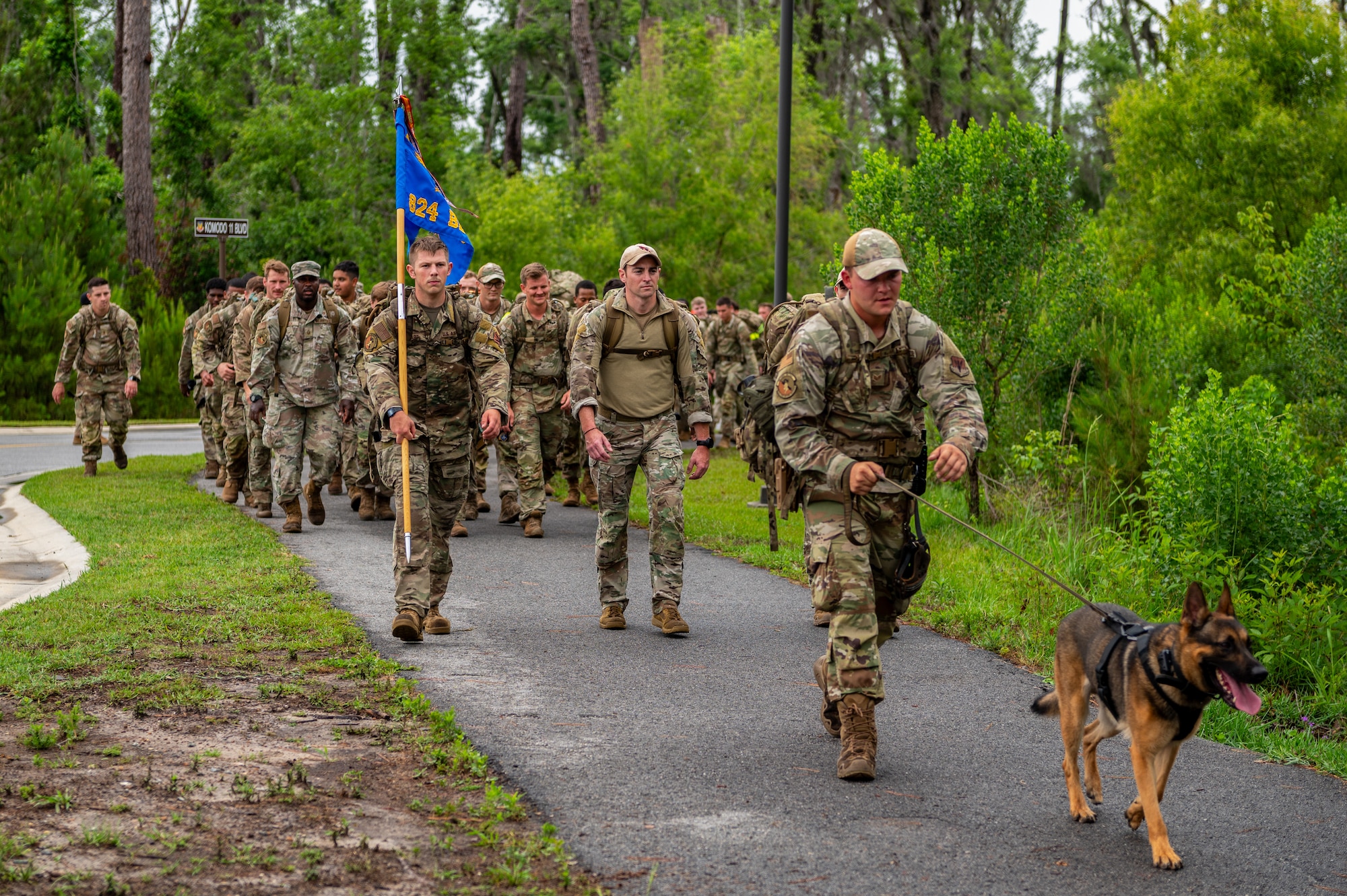 Group of individuals walking in formation, one holds a flag. Another walks a the front with a dog on a leash.