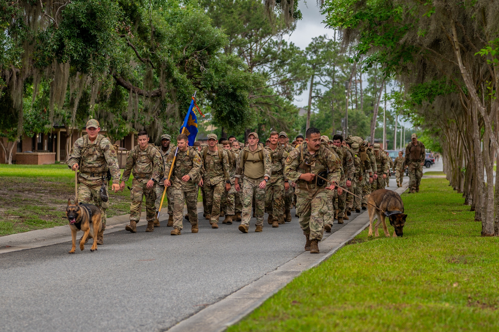 Group of individuals march in formation.