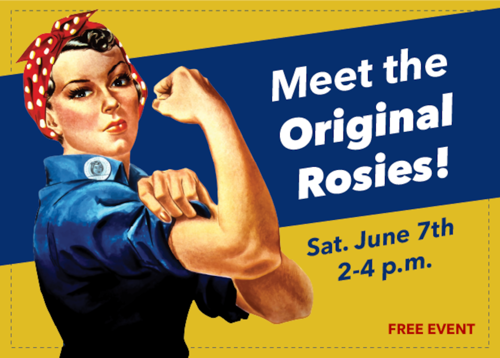 Rosie the Riveter against a yellow and blue background with text on top.