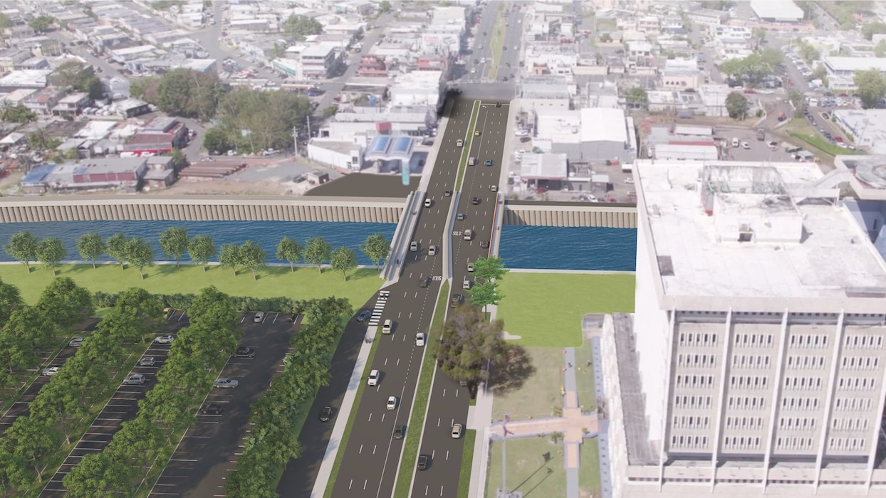 Rendering of a bridge over a river with a large parking lot next to the bridge.