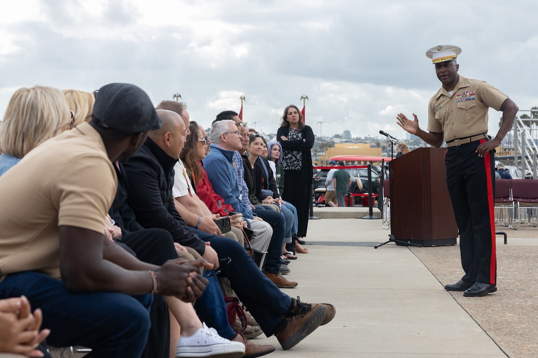 U.S. Marine Corps Brig. Gen James Ryans II, the commanding general of Marine Corps Recruit Depot San Diego and the Western Recruiting Region, speaks with educators with 12th Marine Corps District during an Educators’ Workshop event at MCRD San Diego in San Diego, April 25, 2025. The Educators Workshop program provides selected educators and influential community members with an experiential opportunity to see how the Marine Corps transforms young men and women into Marines. The workshop also provides attendees with current information regarding Marine Corps training practices, military job skills, service opportunities, military lifestyle, and educational benefits available to Marines. (U.S. Marine Corps photo by Sgt. Fred Garcia)