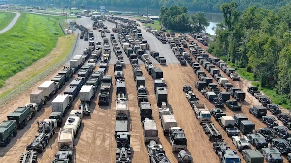 Equipment from the 101st Airborne Division (Air Assault), 1st Mobile Brigade Combat Team staged at Central Louisiana Regional Port Hardstand waits to transit to Fort Johnson for training in 2022.
