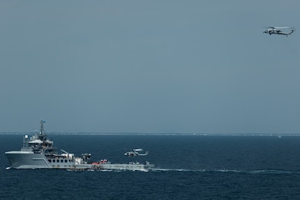 U.S. Marines with the 22nd Marine Expeditionary Unit, and Navy Sailors with the Helicopter Sea Combat Squadron 26, conduct maritime interception operations during Amphibious Ready Group MEU exercise (ARGMEUEX), while underway in the Atlantic Ocean, May 18, 2025.