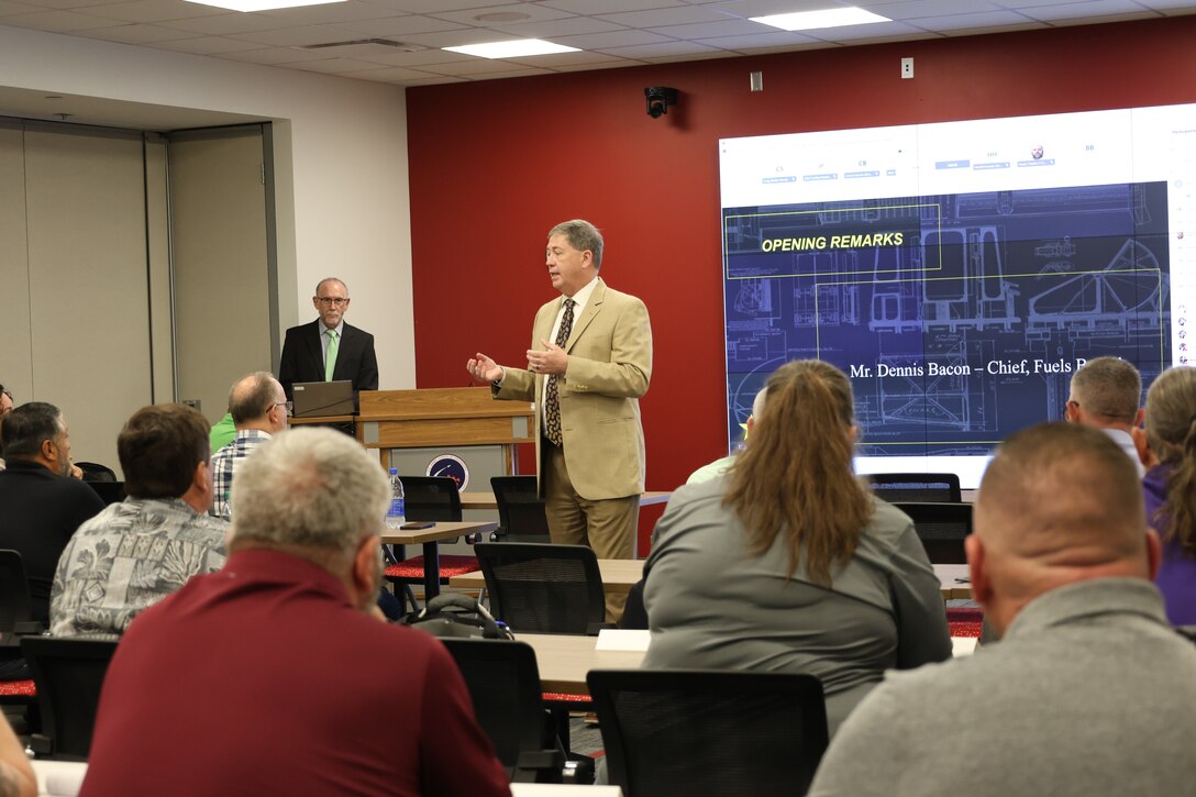 Dennis Bacon, Huntsville Center Fuels Branch chief, speaking at the 2025 Fuels Safety Symposium where he emphasized the importance of continuous attentiveness and accountability.