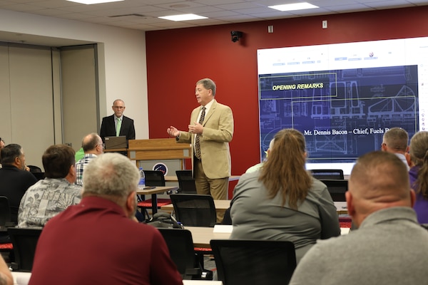 Dennis Bacon, Huntsville Center Fuels Branch chief, speaking at the 2025 Fuels Safety Symposium where he emphasized the importance of continuous attentiveness and accountability.