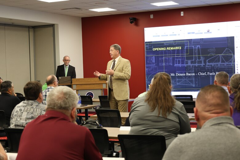 Dennis Bacon, Huntsville Center Fuels Branch chief, speaking at the 2025 Fuels Safety Symposium where he emphasized the importance of continuous attentiveness and accountability.