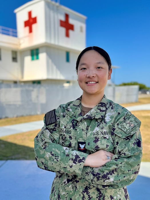 GUANTANAMO BAY, Cuba (250516-N-LY941-1001) - Hospital Corpsman 3rd Class Taotao Zhang, a native of Upland, California, recently advanced in rank while serving aboard U.S. Navy Medicine Readiness and Training Command Guantanamo Bay at U.S. Naval Hospital Guantanamo Bay, Cuba. Zhang is a 2023 graduate of Alta Loma High School.