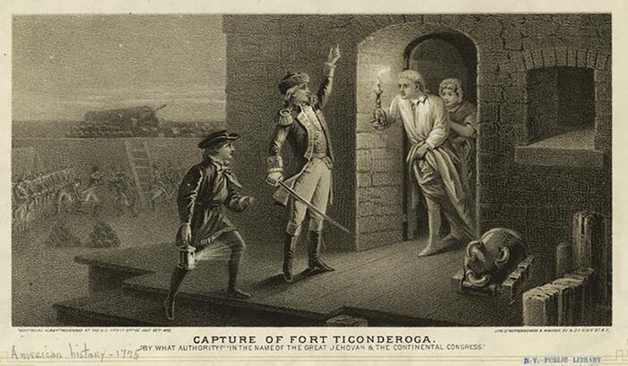 Engraving depicting Ethan Allen's capture of Fort Ticonderoga by Heppenheimer and Maurer, 1875.
