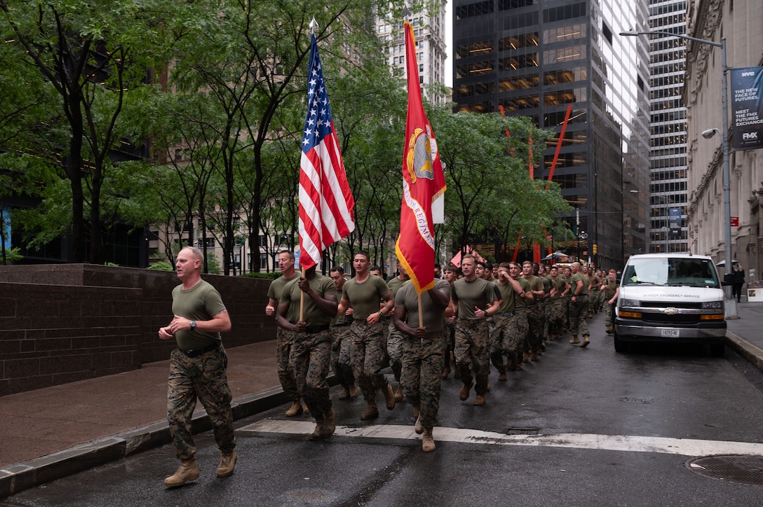 U.S. Marines with Special Purpose Marine Air Ground Task Force Fleet Week New York, U.S. Sailors from the San Antonio class Amphibious transport dock USS New York (LPD 21) and U.S. Coast Guardsmen participate in the Freedom Run during Fleet Week New York 2025 in Lower Manhattan, New York, May 22, 2025.  America's warfighting Navy and Marine Corps celebrate 250 years of protecting American prosperity and freedom. Fleet Week New York 2025 honors the Navy, Marine Corps, and Coast Guard's enduring role on, under, and above the seas. (U.S. Marine Corps photo taken by Cpl. Diana Salgado)