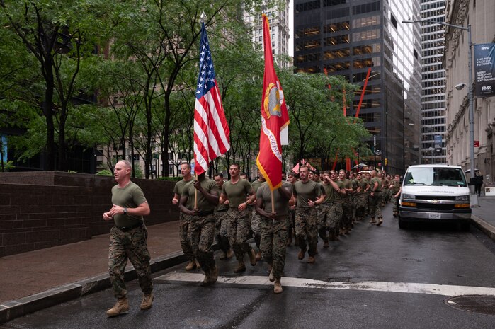 U.S. Marines with Special Purpose Marine Air Ground Task Force Fleet Week New York, U.S. Sailors from the San Antonio class Amphibious transport dock USS New York (LPD 21) and U.S. Coast Guardsmen participate in the Freedom Run during Fleet Week New York 2025 in Lower Manhattan, New York, May 22, 2025.  America's warfighting Navy and Marine Corps celebrate 250 years of protecting American prosperity and freedom. Fleet Week New York 2025 honors the Navy, Marine Corps, and Coast Guard's enduring role on, under, and above the seas. (U.S. Marine Corps photo taken by Cpl. Diana Salgado)