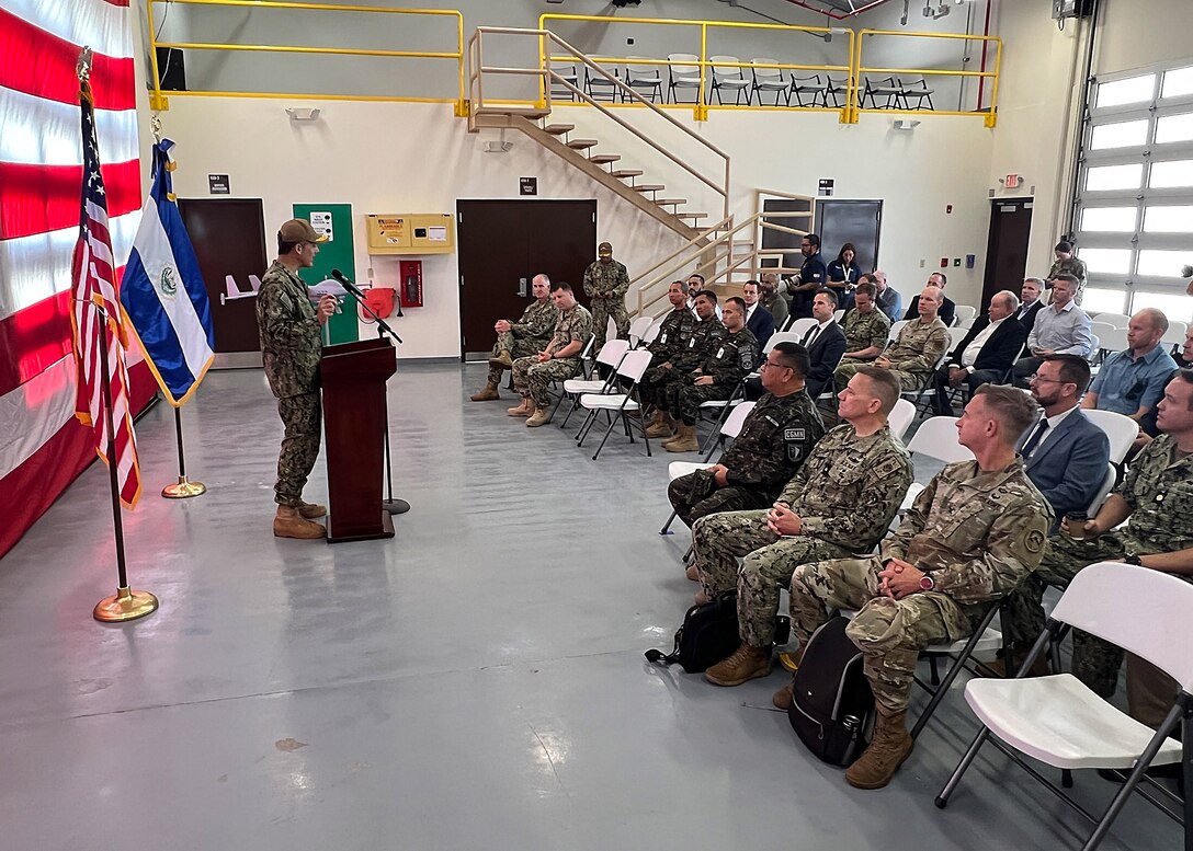 U.S. Naval Forces Southern Command / U.S. 4th Fleet Commander Rear Adm. Carlos Sardiello welcomes distinguished visitors and industry partners during the opening of the Hybrid Fleet Campaign (HFC) Fleet Experiment (FLEX) showcase event at Cooperative Security Location (CSL) Comalapa near San Salvador, El Salvador, May 27, 2025. HFC is a learning campaign to retain and improve advantages using next-generation manned and unmanned systems, tested and integrated during and after FLEX. U.S. Naval Forces Southern Command/U.S. 4th Fleet is the maritime component of U.S. Southern Command and the trusted maritime partner for Caribbean, Central and South America maritime forces leading to improved unity, security and stability.