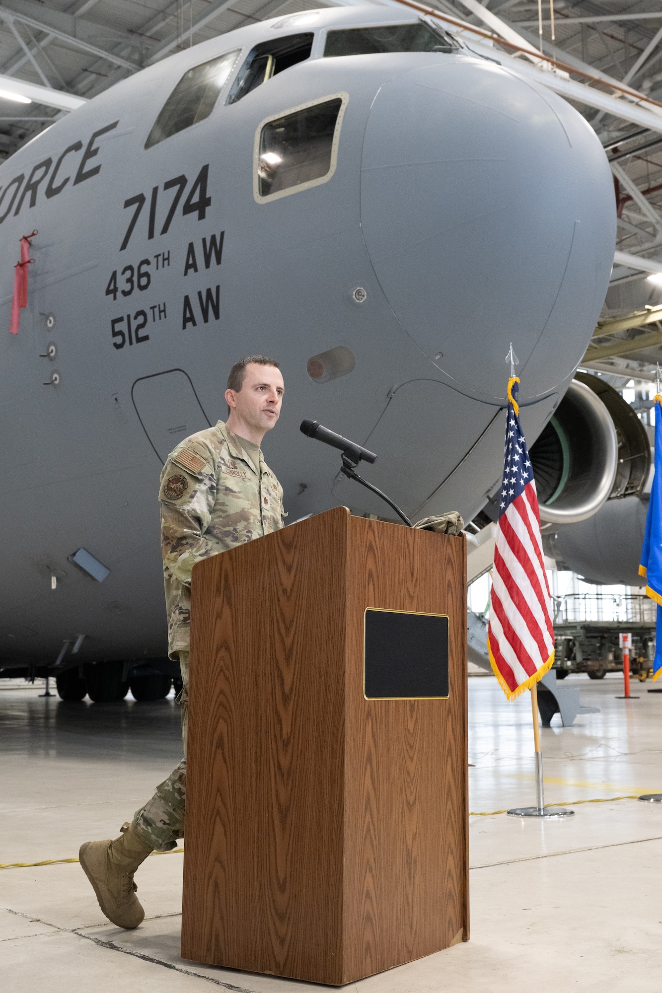 U.S. Air Force Maj. Shane Connolly, outgoing 736th Aircraft Maintenance Squadron commander, gives his final address during a change of command ceremony at Dover Air Force Base, Delaware, May 28, 2025. The ceremony saw Connolly relinquish command to Maj. Donald Humphrey. (U.S. Air Force photo by Mauricio Campino)