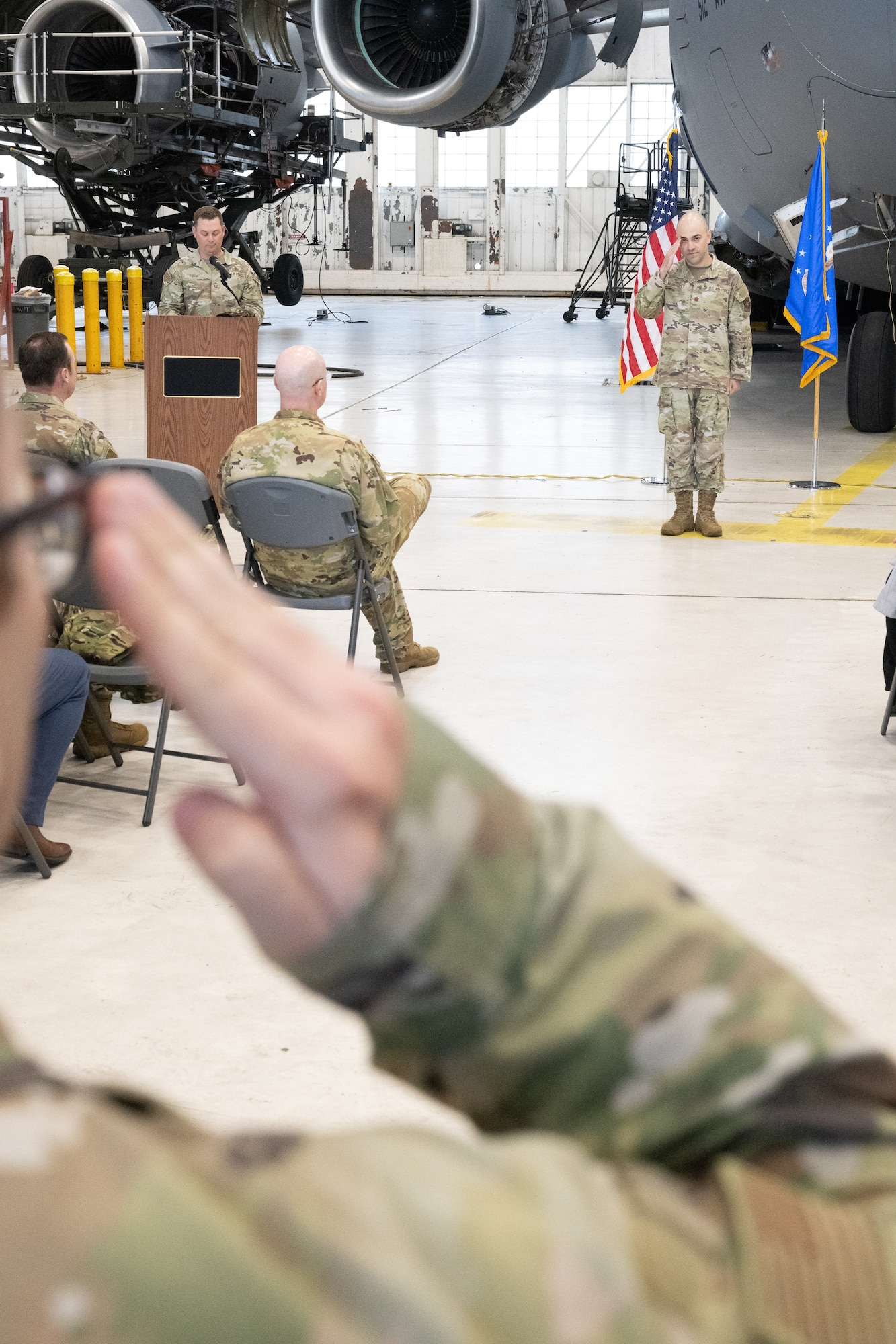 U.S. Air Force Maj. Donald Humphrey accepts his first salute as commander of the 736th Aircraft Maintenance Squadron, during a change of command ceremony at Dover Air Force Base, Delaware, May 28, 2025. The ceremony saw Maj. Shane Connolly relinquish command to Humphrey. (U.S. Air Force photo by Mauricio Campino)