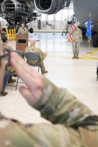U.S. Air Force Maj. Donald Humphrey accepts his first salute as commander of the 736th Aircraft Maintenance Squadron, during a change of command ceremony at Dover Air Force Base, Delaware, May 28, 2025. The ceremony saw Maj. Shane Connolly relinquish command to Humphrey. (U.S. Air Force photo by Mauricio Campino)